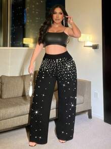 NU&NOW 大码钻石和珍珠缀饰渐变针织裤 - 黑色 - 查看 4