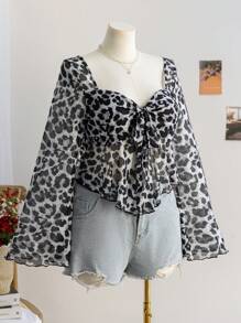 Soleia Plus Size Women Babydoll Top, Leopard & Floral Print Square Neck Tie-Up Long Sleeve Shirt, For Vacation, Graduation, Back To School Wear, Fall