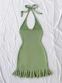 Soleia Women's Resort Moss Green Halter Backless Hollow Out Ruffled Mini Dress With Metal Buckle Decor - Green - View 2