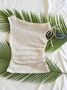 Soleia 女士度假米色针织泡泡纹理不对称肩带腰部修身衬衫，适合派对、约会、城市街道、公路旅行、夏季海滩度假 - 杏色 - 查看 5