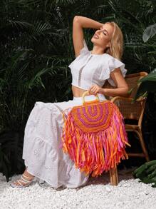 SHEIN SXY Dames, Dames Handtas met Handvat, Strozak, Modieus, Elegant, Eenvoudig, Gepersonaliseerd, Veelzijdig, Vlechten, Kwastjes, Stro, Veelkleurig, Voor Strand, Vakantie, Zomer, Aan Zee
