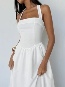 Aloruh Women's Sexy And Elegant French Solid Square Neck Halter Backless Fit And Flare White Maxi Dress Women Summer Dresses For Women Women White Dress White Dresses For Women Beach Outfits For Woman