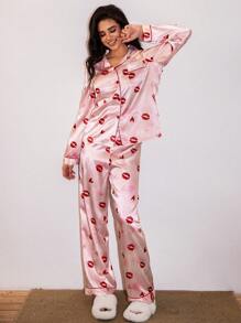 Imitation Silk Lips & Heart Pattern Cardigan & Pants Valentine's Day Pajama Set - Multicolor - View 5