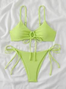 SHEIN Swim Springbreak Halter Bikini Set, Underwire-Free With Tie Side Thong Bottom For Summer Beach Vacation - Lime Green - View 3