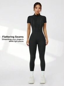 Dewbera Women's Solid Zip-Front Short Sleeve Jumpsuit