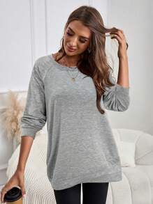 EMERY ROSE Women's Plain Round Neck Raglan Sleeve Casual Sweatshirt - Light Grey - View 3