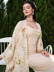 Modelyn 女士阿拉伯风格花卉印花礼服和连衣裙套装 米色连衣裙 奢华婚礼晚礼服 女士两件套 女士夏季服装 奶油黄色 花卉，端庄 - 彩色 - 查看 5