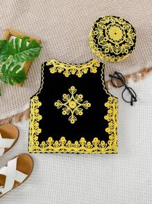 2pcs Baby Boy's Vintage Graphic Allover Hand-Embroidered Vest Top + Hat Set, Infant Baby Boys Clothes,Kid Clothes,Toddler Clothes, Baby Outfit, Baby Tops,Baby Boy Shirt,6M-3T