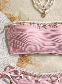 Swim Mod 夏季女士两件套纹理纯色贝壳吊带装饰挂脖系带比基尼套装，手工贝壳数量随机 - 粉色 - 查看 5