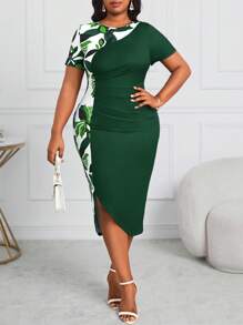 Fleurora Plus Size Floral Print Color Block Ruffle Asymmetrical Hem Round Neck Short Sleeve Bodycon Mini Dress
