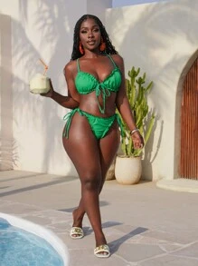 Slaydiva Ensemble bikini Top et bas à bretelles fines texturé unicolore pour femme, maillot de bain casual pour vacances à la plage en été