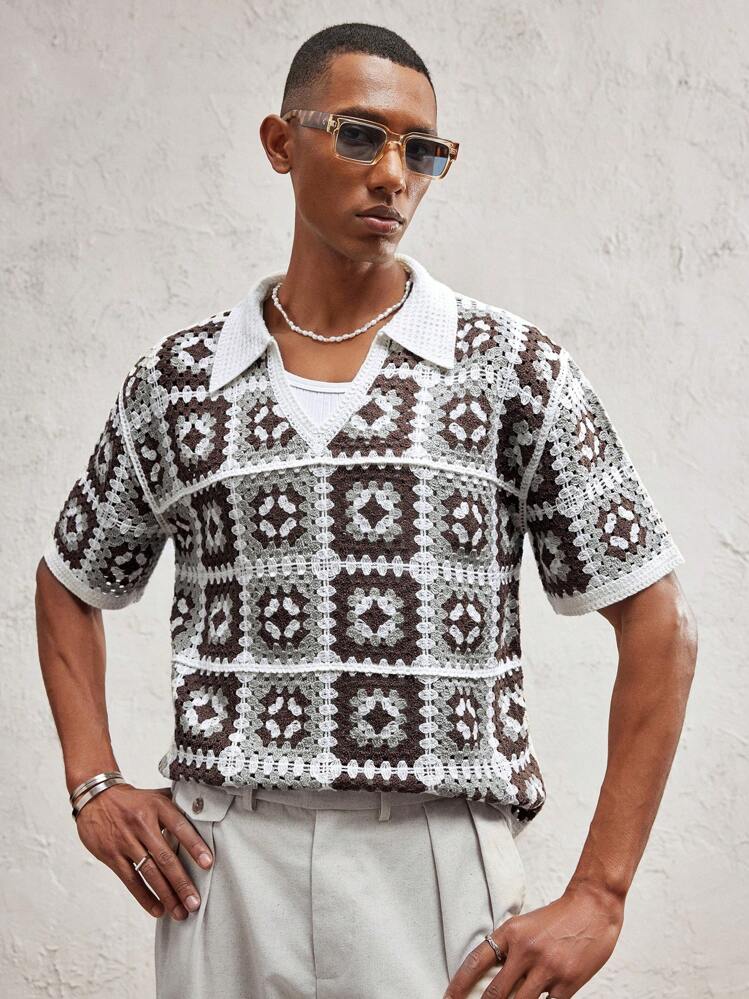 Party Men's Oversized Dropped Shoulder Turndown Collar Short Sleeve Knit Top, Suitable For Summer - Multicolor - View 4
