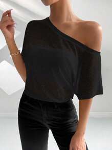 Chiquease Women's Solid Color Asymmetrical Short Sleeve Casual Bodysuit,Suitable For Vacation - Black - View 4