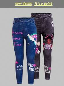2pcs/Set Young Girl Cute Rainbow Bow Letter Print Knit Jeggings Leggings - Multicolor - View 8