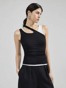 Ontre Canotta donna stile a strati con stampa vintage di valuta, maglia elastica asimmetrica sulla spalla, top a canotta lavorato a maglia in stile urbano moderno monocromatico a strati, senza maniche - Bianco e nero - Visualizzare 6