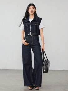 Dazy-Less Women Short Denim Vest Top - Dark Wash - View 2