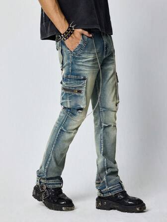 Grunge Punk Herren lässige Jeans mit Knopfverschluss, seitlichen Taschen und geradem Bein, Streetstyle