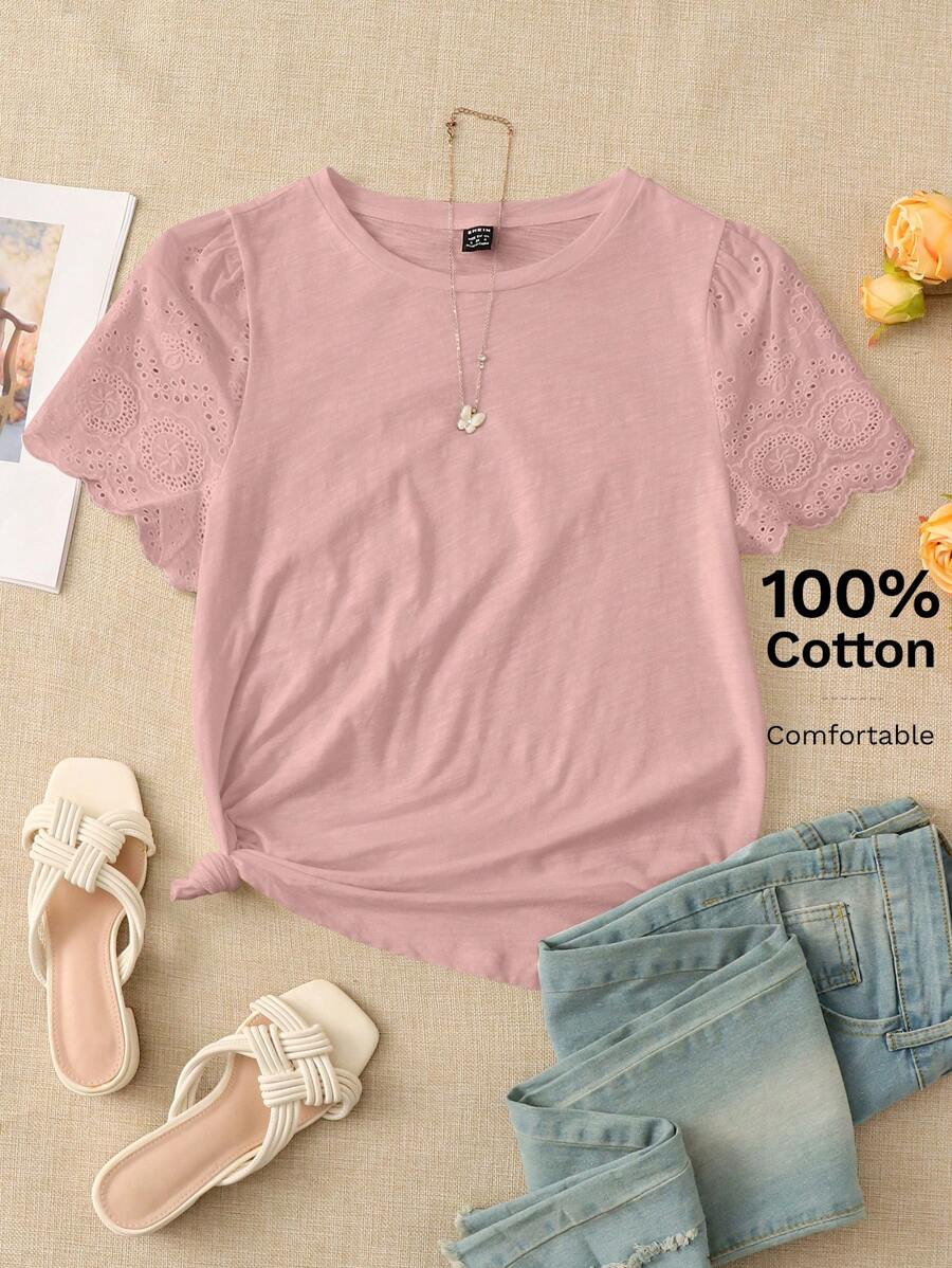 EMERY ROSE Solid Eyelet Embroidery Scallop Trim Tee - Baby Pink - View 1