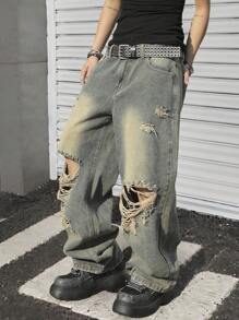 Manfinity EMRG Men's Pocket Distressed Wide Leg Loose Casual Fashionable Jeans - Light Wash - View 1