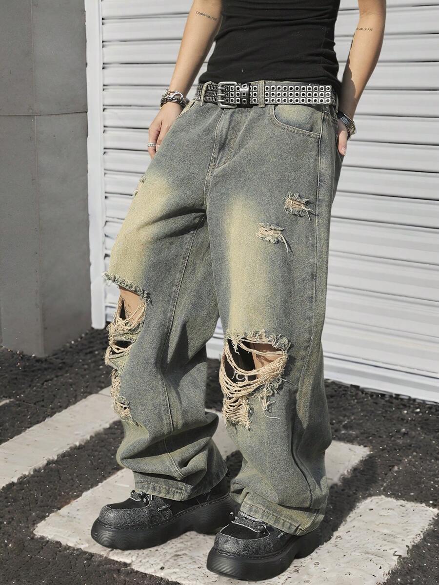 Manfinity EMRG Men's Pocket Distressed Wide Leg Loose Casual Fashionable Jeans - Light Wash - View 1