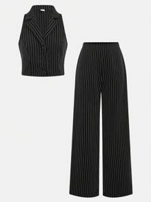 Girlism 少女返校季校园黑白条纹薄款西装外套低腰西装裤两件套 - 黑色 - 查看 10