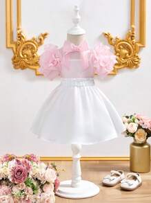 SHEIN Baby Girl 3pcs Set: Organza Blouse, Spaghetti Strap Top & A-Line Skirt, Sweet Elegant Fashion Style For Summer - Pink - View 7