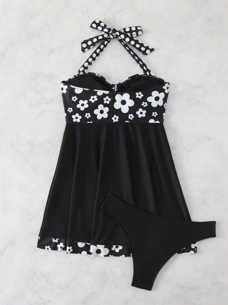 SHEIN 2 件/套随机印花和纯色拼接抽绳短款上衣，喇叭下摆和常规腰部比基尼泳裤，优雅泳装套装，适合夏季海滩度假 - 黑與白 - 查看 4