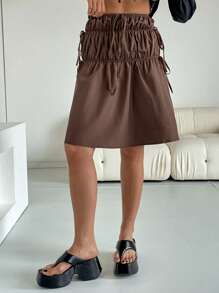 SHEIN Essnce Falda minimalista de moda casual de color liso para mujer - Café integral - Ver 1