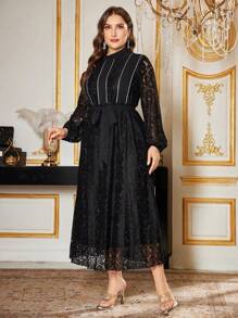 Modelyn Plus Size Elegant Floral Lace Patchwork Silver Ribbon Dress - Black - View 4