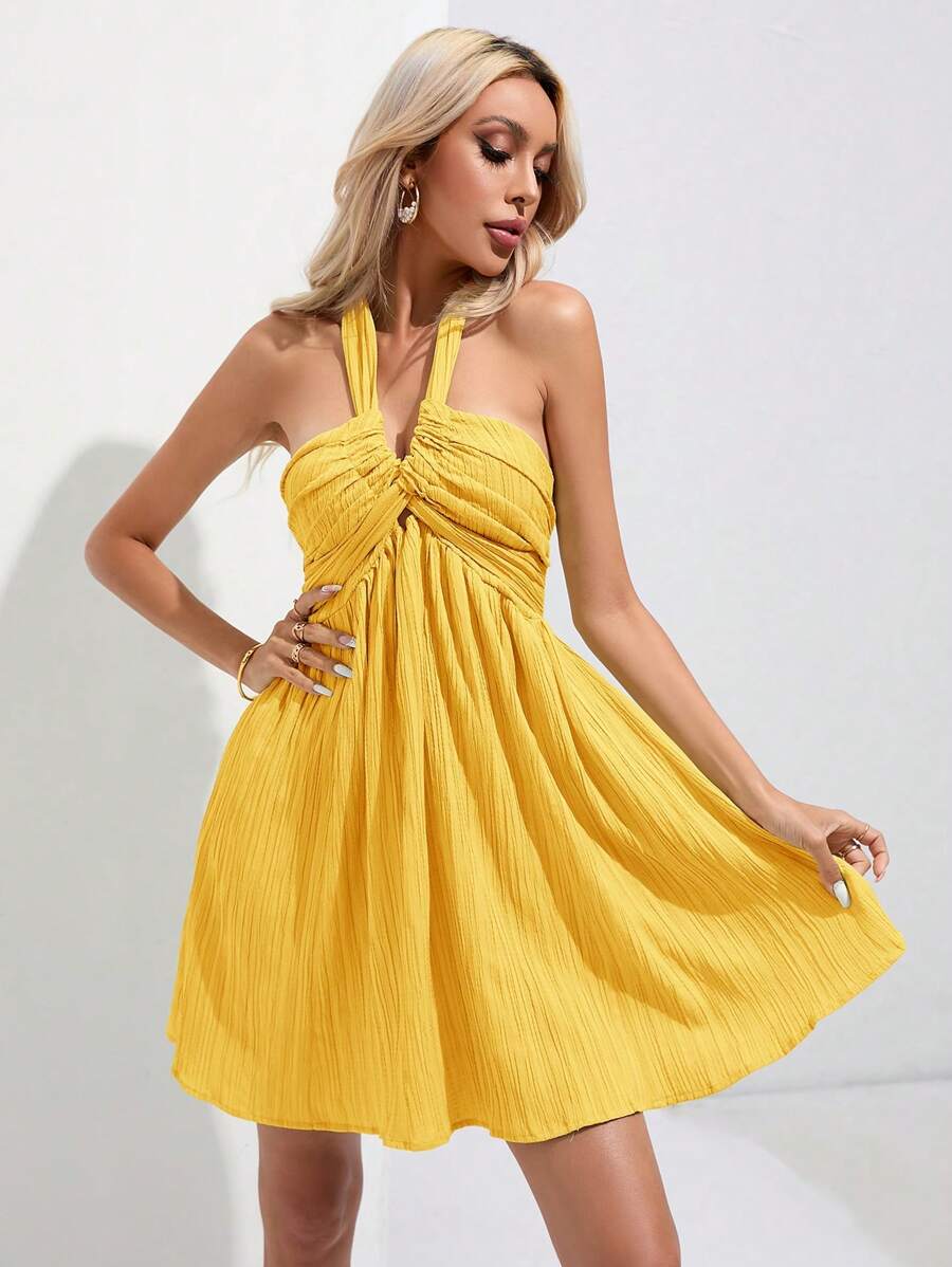 SHEIN Unity Vestido de mujer de unicolor con pliegues, sin mangas, estilo halter, bohemio, de vacaciones, de moda, color amarillo pastel para verano, primavera, otoño - Amarillo - Ver 1
