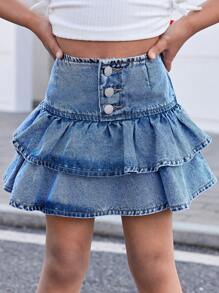 SHEIN Young Girl Denim Ruffle Hem A-Line Skirt,Kid Girls Spring And Summer Casual Vacation Country Boho Wear, Beach Outfits For Kid Girls