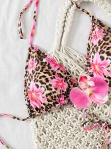 Swim Mod 女士豹纹花朵图案 3D 花卉泳衣套装，适合夏季海滩度假 - 彩色 - 查看 5