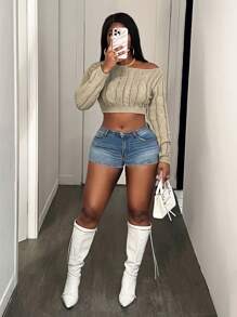 BamGleam Women's Solid Color Long Sleeve Lightweight Casual Hollow Out Cable Knit Sweater Knit Pullover Fall Winter Sweater - Camel - View 3