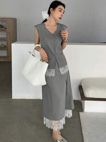 DAZY 女士 V 领蕾丝拼布开衫衬衫和裙子 2 件套 - 灰色 - 查看 6