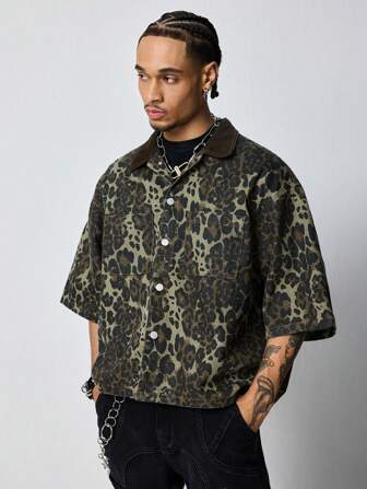 Grunge Punk Men's Grunge Leopard Camo Print Single-Breasted Pocket Denim Shirt