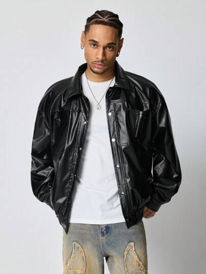 Street Life Men's Solid Color Front Button Long Sleeve Pocket Casual Jacket