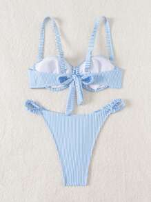 Swim Mod Women Striped Frilled Sexy Ruffle Detail Beach Bikini Swimwear, Summer Vacation Outfits - Blue and White - View 5