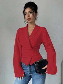 SHEIN PETITE 杏色 V 领系腰蝴蝶结优雅浪漫女士衬衫