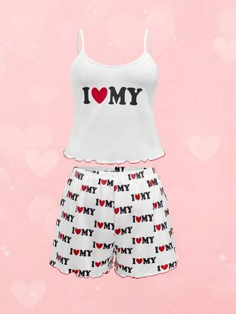 Romantisches Nachtwäsche-Set mit Unterhemd und Shorts zum Valentinstag Große Größen mit der Aufschrift "I Love My"