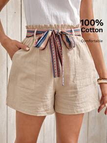 EMERY ROSE Paperbag Waist Belted Wide Leg Shorts - Khaki - View 7