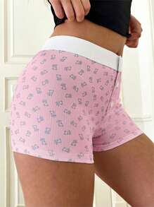 SHEIN EZwear Pantalones cortos de mujer casuales con estampado de oso y bloque de color en la cintura