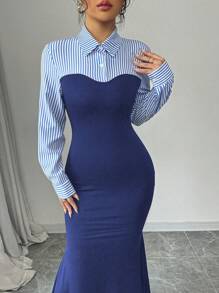 Selianne 优雅紧身 AB 拼接高开衩长袖开袖鱼形下摆条纹混合针织连衣裙，女式秋冬长款女装 - 彩色 - 查看 7