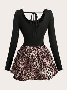 Breezaya Leopard Print Patchwork 3-Tier Flared Ruffle Short Dress, Work & Vacation Style For Women