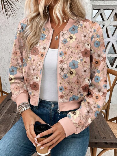 SHEIN LUNE Chaqueta casual con cremallera delantera, mangas largas y estampado floral para mujer