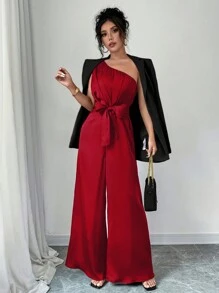 SHEIN PETITE 优雅、日常休闲、斜肩款式、松紧腰带、缎面材质、女式连体裤/连身裤适合派对、日常约会、情人节、节日穿着 - 紅色 - 查看 1