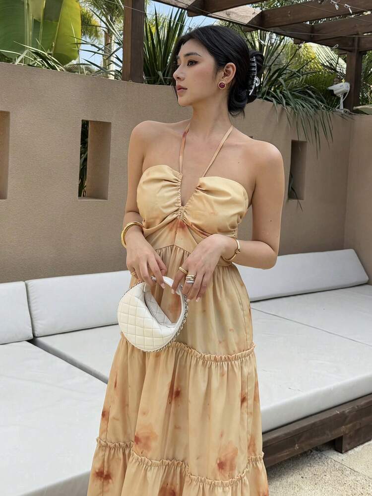 Vacation Beach Botanical Print & Tie-Dye Spaghetti Strap Backless V-Neck Midi Dress For Women Cruise Women Outfits Boho