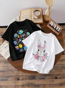 Tween Girl Casual Easter Bunny Flower & Easter Egg Letter Print T-Shirt Set - Multicolor - View 9