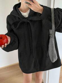 DAZY Women's Hooded Solid Color Bow Decor Long Sleeve Sweatshirt,Fall Women Clothes Jacket - Black - View 2