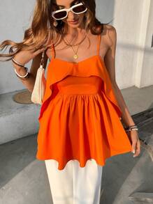SHEIN VCAY Women Summer Orange Solid Color Backless Top Ruffled Cutout Top Valentine's Day Vacation Top Summer Top For Vacation & Casual Wear Ruffled Top. This Too Is Extremely Flattering And Looks Vacation Great Dressed Up Or Down - Burnt Orange - View 7