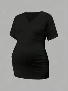 SHEIN Top ajustado de manga corta con escote en V para maternidad, uso casual diario - Blanco y Negro - Ver 4